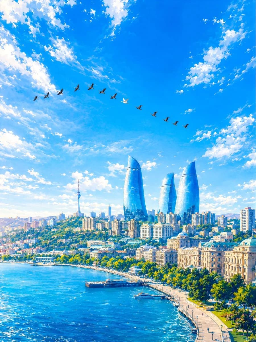 Baku Flame Towers Aerial Scene with scroll-ready composition, strong focal subject, and polished social post styling