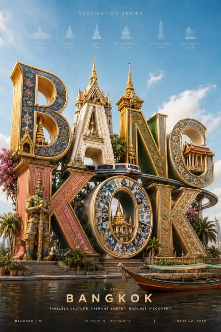 Ornate 3D BANGKOK letters form a waterfront travel poster with Thai temple details, flowers and blue sky