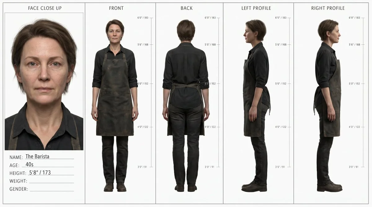 A professional-grade character design sheet for a barista, featuring multiple view angles and height measurements for production-ready concept art
