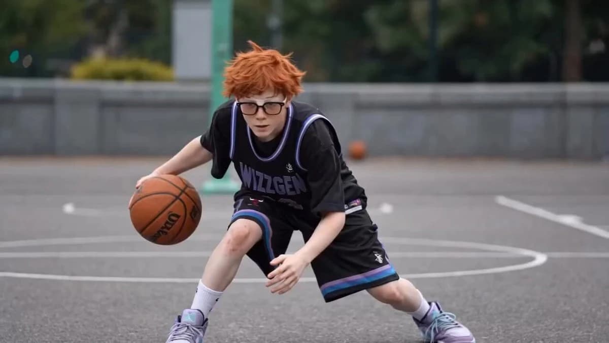 A young boy in a black WIZZGEN 23 basketball jersey dribbles on an outdoor court, captured as a motion sequence