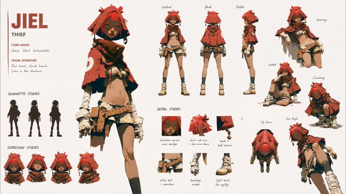 Storyboard character card shows a red-hooded fantasy thief with pose turnarounds, sketches and creature companions