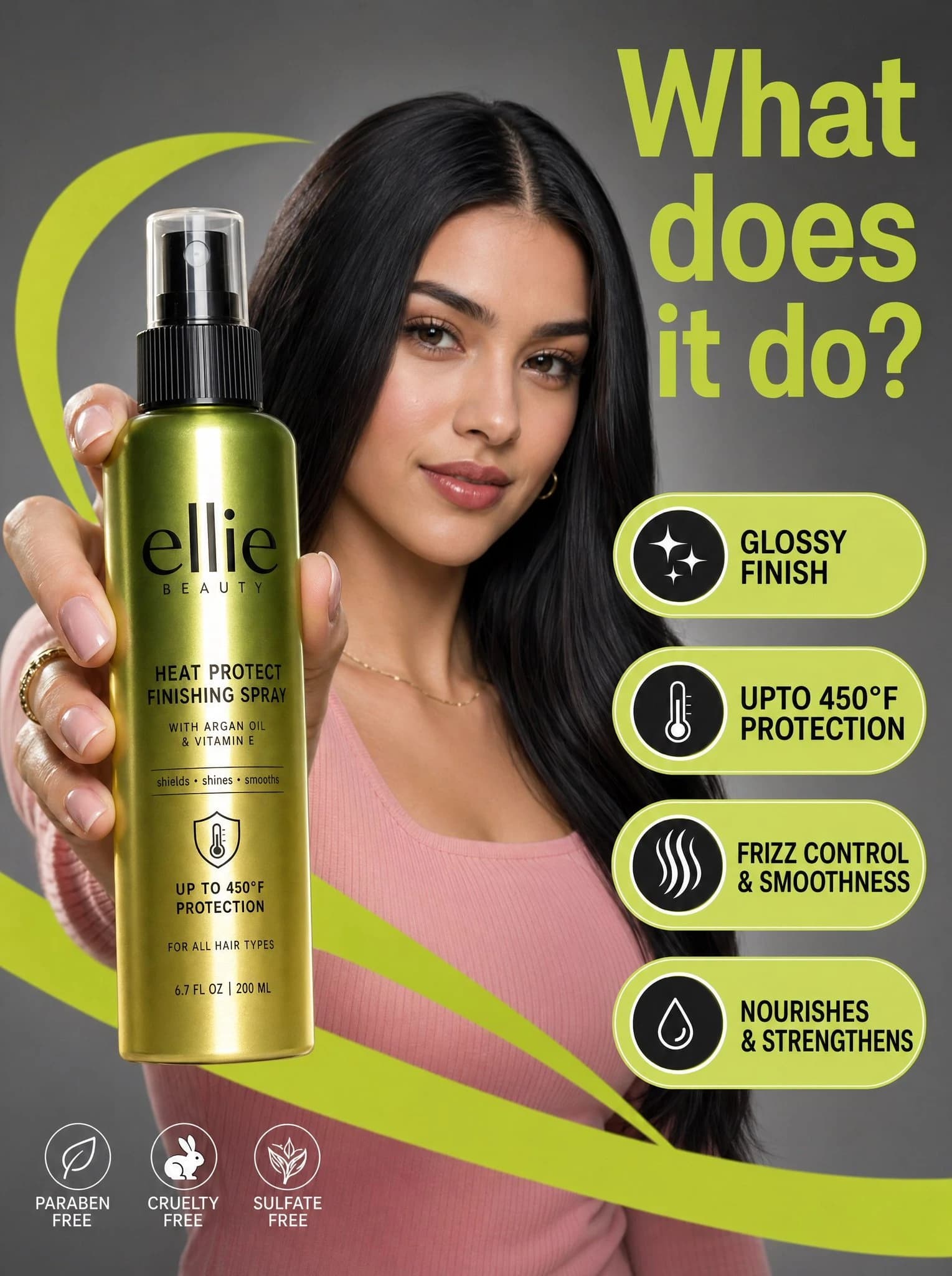 A young woman in a pink ribbed top holds a glossy green Ellie Beauty spray bottle, surrounded by vibrant lime-green graphics highlighting product features
