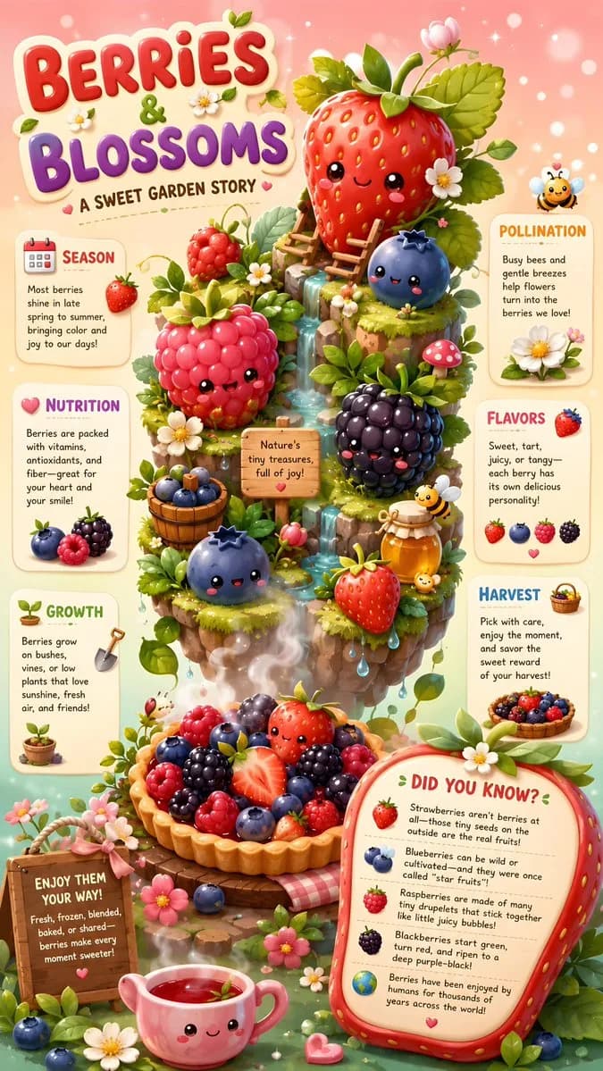 Cozy kawaii berry infographic poster shows smiling strawberries, blueberries and blackberries with nutrition and harvest cards