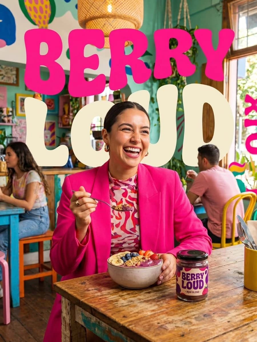 A smiling woman in a bright pink blazer enjoys an acai bowl topped with fruits at a colorful café, with playful "BERRY LOUD" typography in the background