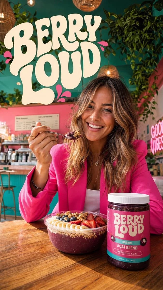 A smiling woman in a bright pink blazer enjoys an acai berry bowl at a trendy cafe, with a "Berry Loud" jar and vibrant decor