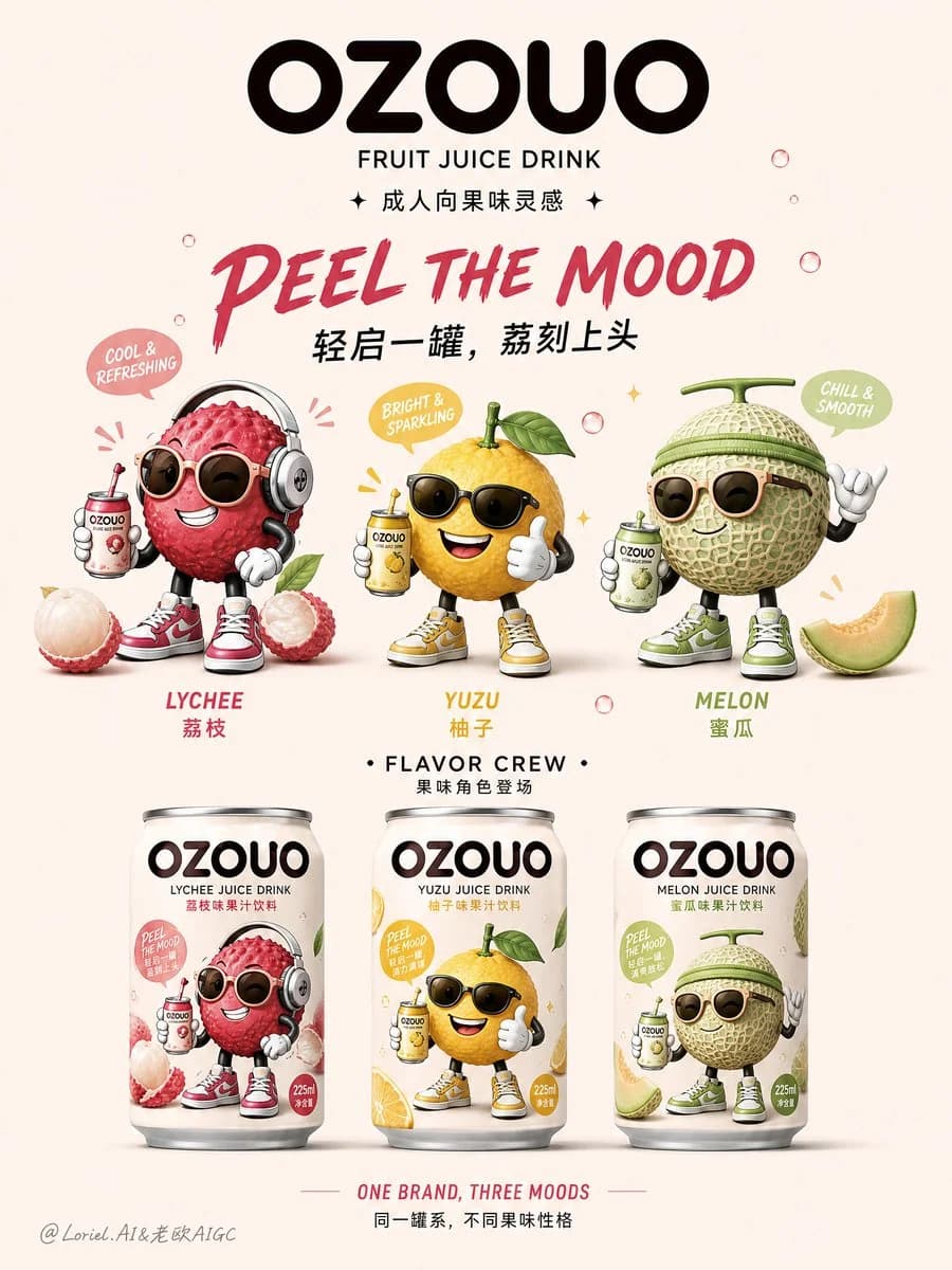 Beverage Brand Visual Identity Poster with fruit drink lineup, mascot system and polished product launch branding