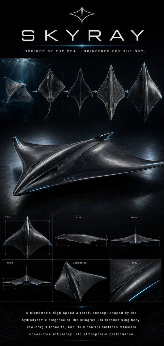 Futuristic aircraft concept inspired by a stingray, featuring a sleek blended-wing design and illuminated accents against a black background
