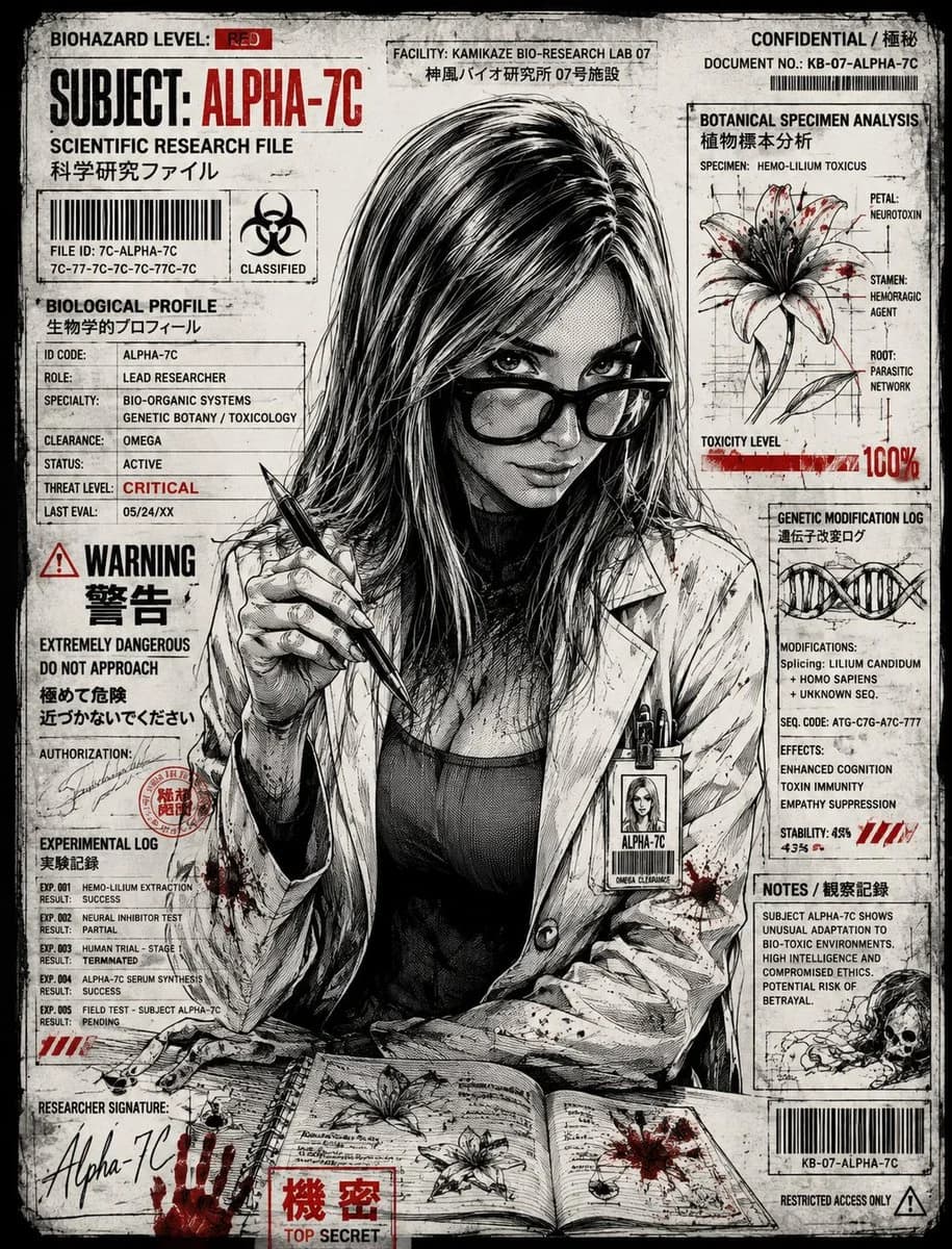 Biopunk Horror Manga Technical Dossier with structured educational layout, readable annotations and clean visual hierarchy