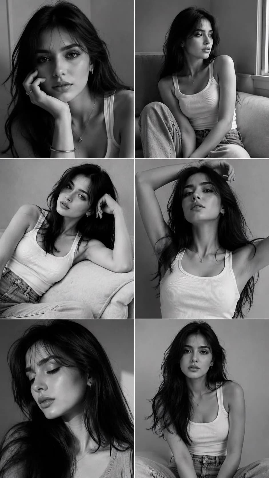 Black-and-white fashion portrait grid showing multiple editorial poses of the same woman in a white sleeveless top