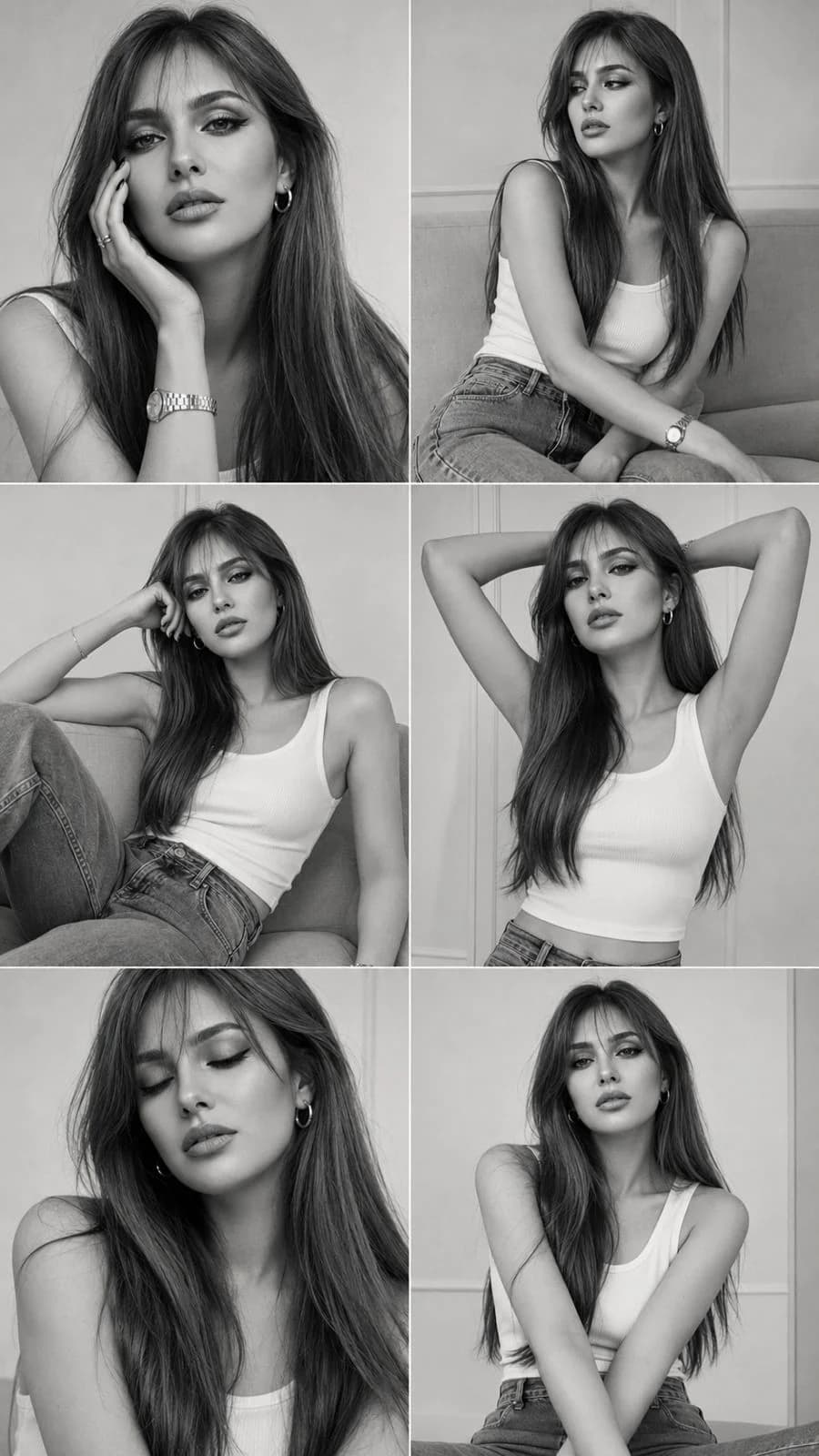GPT Image 2 prompt example showing a black-and-white fashion portrait collage grid of the same woman in six poses