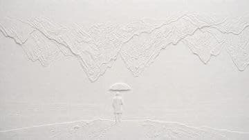 A refined white-on-white blind-embossed paper composition with subtle raised texture, museum lighting, and minimalist craft detail