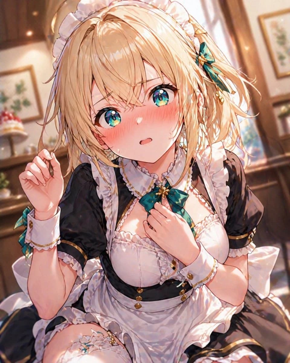 A blonde maid with tousled hair and a frilly headband sits in a sunlit cafe, wearing an elegant black-and-white dress with teal bows