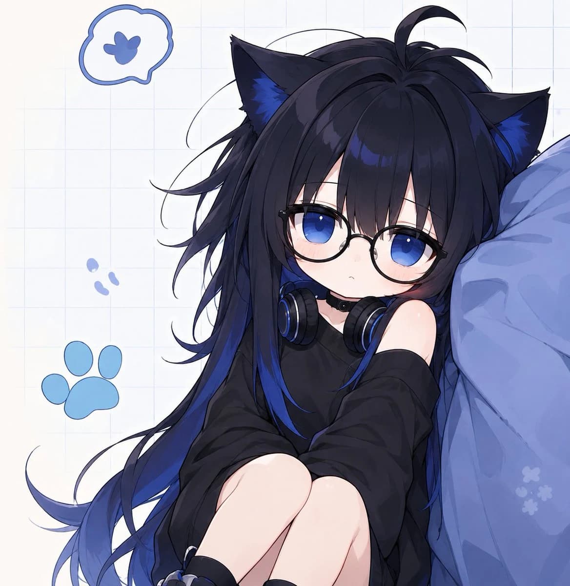 Blue Black Cat-Girl Chibi game asset visual