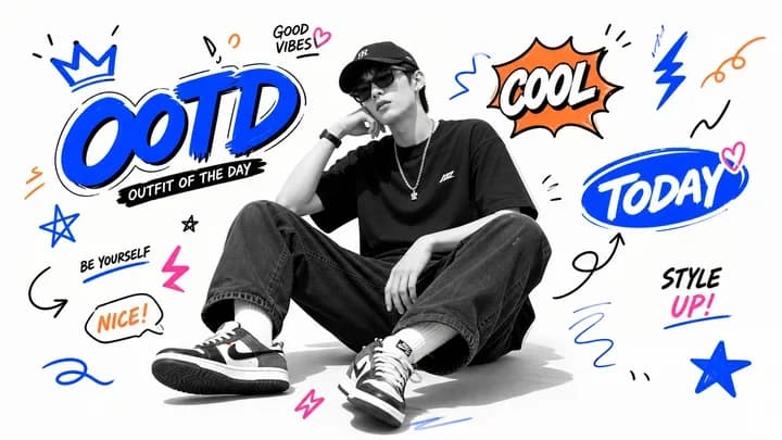 Blue graffiti OOTD sticker poster with streetwear portrait, layered cutouts, and bold urban collage graphics