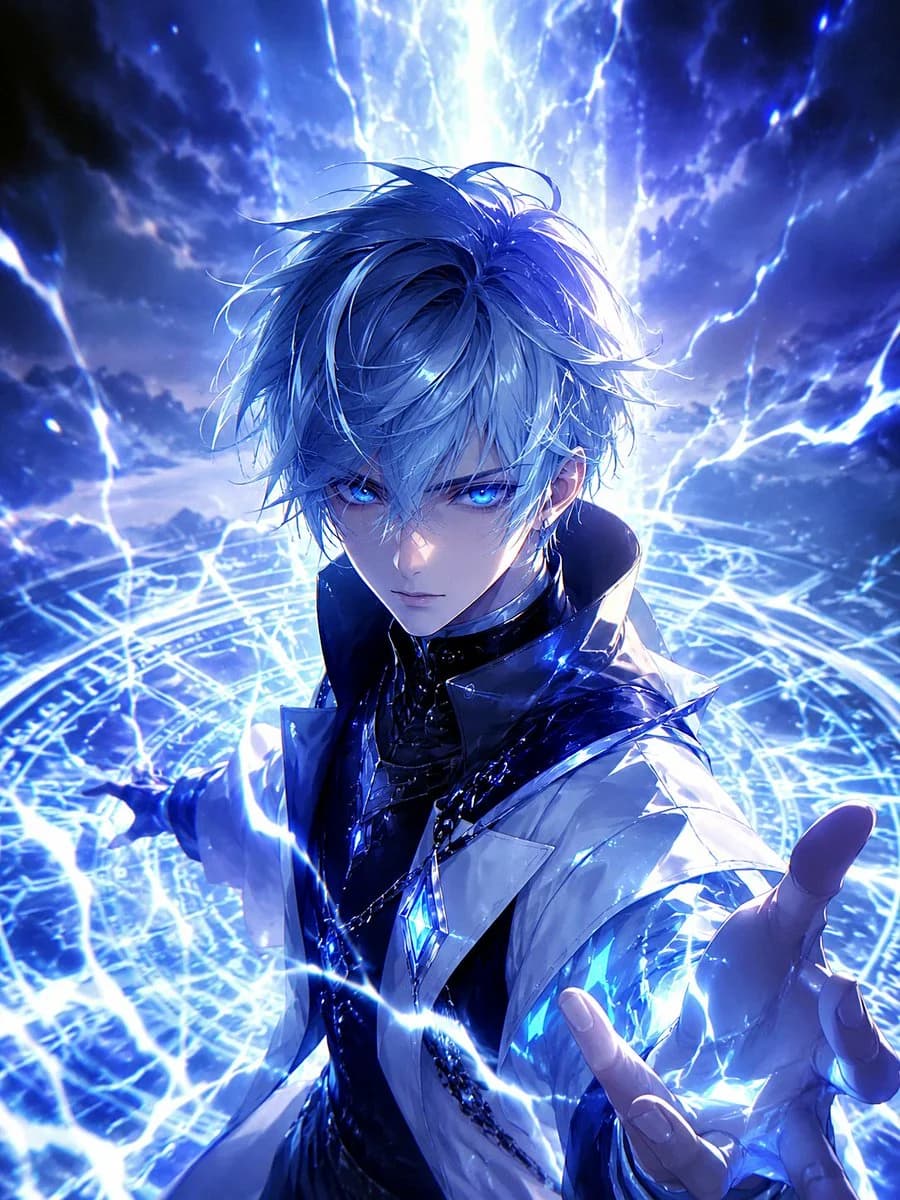 Blue Lightning Anime Mage with sequential storytelling, expressive character design and cinematic panel composition