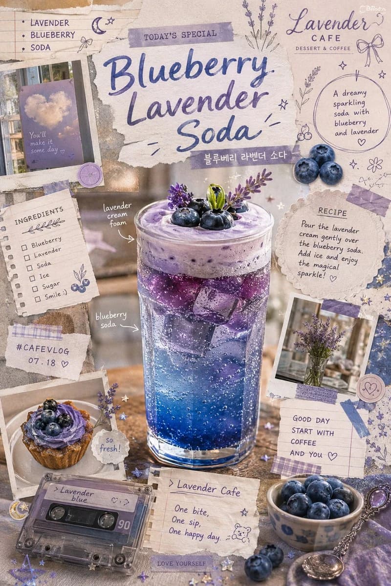 A vintage-inspired poster features a sparkling blueberry lavender soda topped with cream foam, surrounded by whimsical doodles and pastel textures