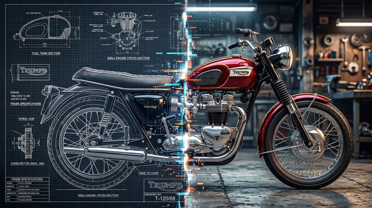 Motorcycle split between a technical blueprint schematic and a polished 3D render with a bright glitching seam
