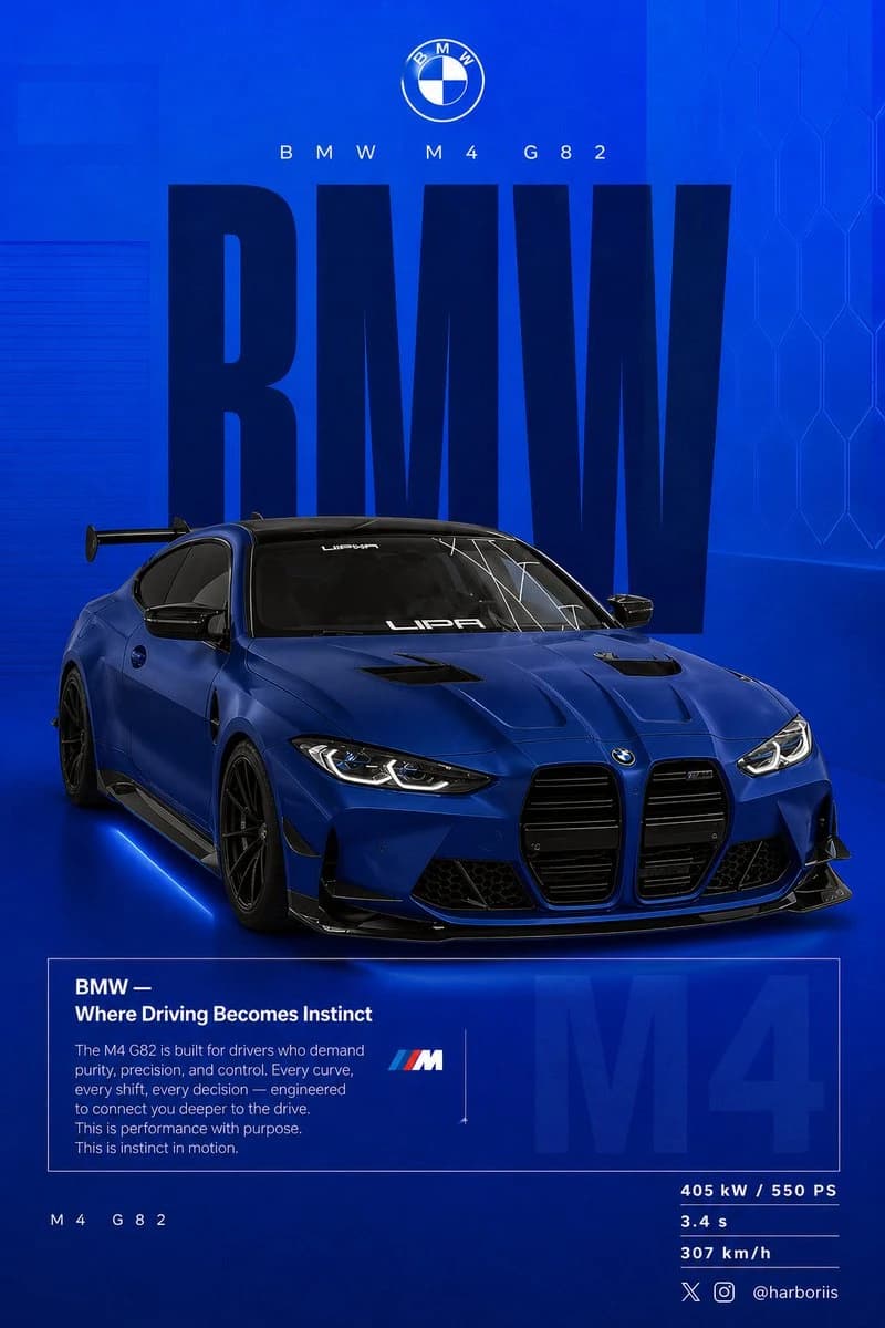The BMW M4 G82, showcased in matte frozen blue against a gradient electric blue background, emphasizes a sleek and modern design with bold typography