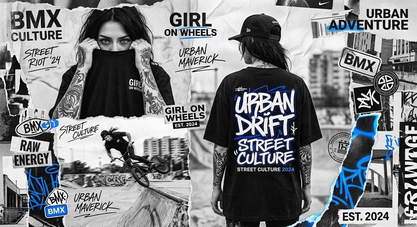 BMX Rider Streetwear Mixed-Media Collage with commercial product staging, campaign-style lighting and polished advertising layout
