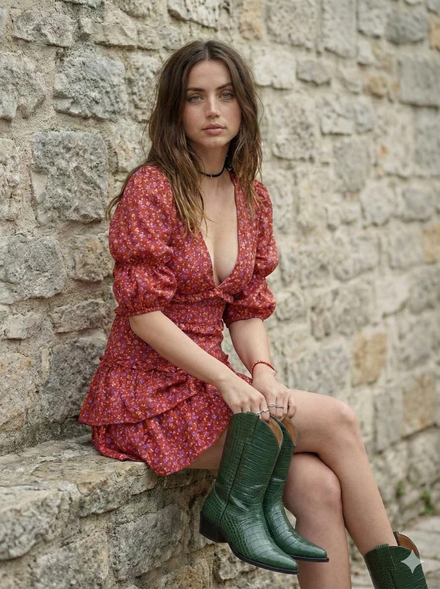 A young woman in a red floral boho mini dress leans against a rough stone wall while holding a dark green cowboy boot