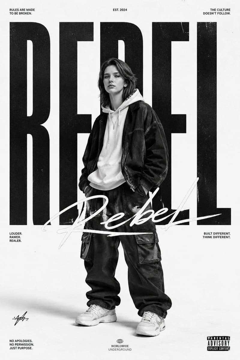 A monochrome portrait features a person in a hoodie and oversized jacket, surrounded by bold "REBEL" text and striking graphic elements