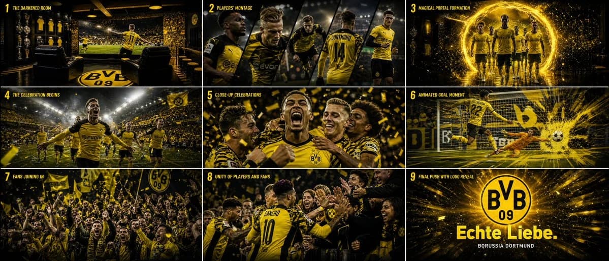Storyboard of Borussia Dortmund players celebrating in various scenes, showcasing vibrant stadium moments and fan unity.