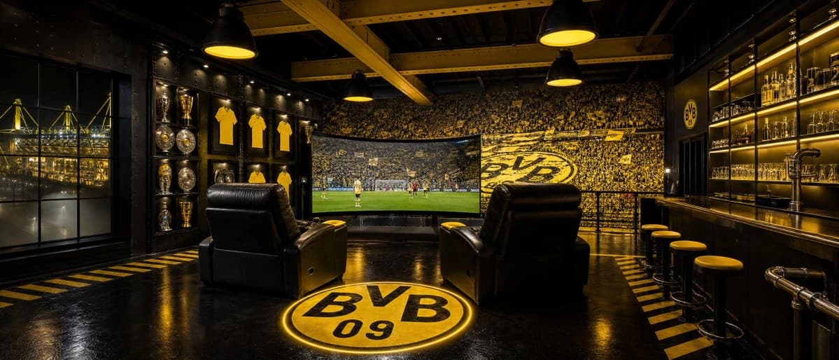 A Borussia Dortmund-themed room with a curved screen, black leather chairs, and a mural of the team's logo.