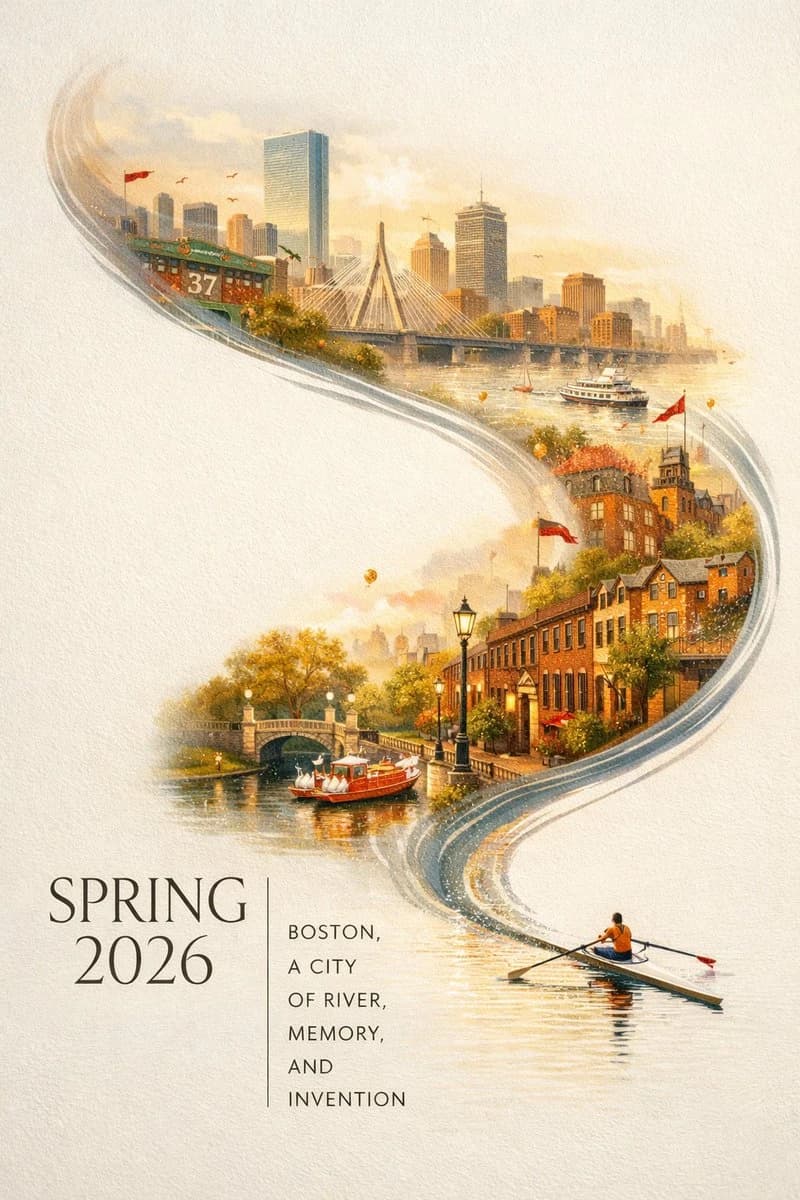 A miniature sculler rows on reflective water, flowing into a hand-painted panorama of Boston's iconic skyline and landmarks, framed by elegant typography