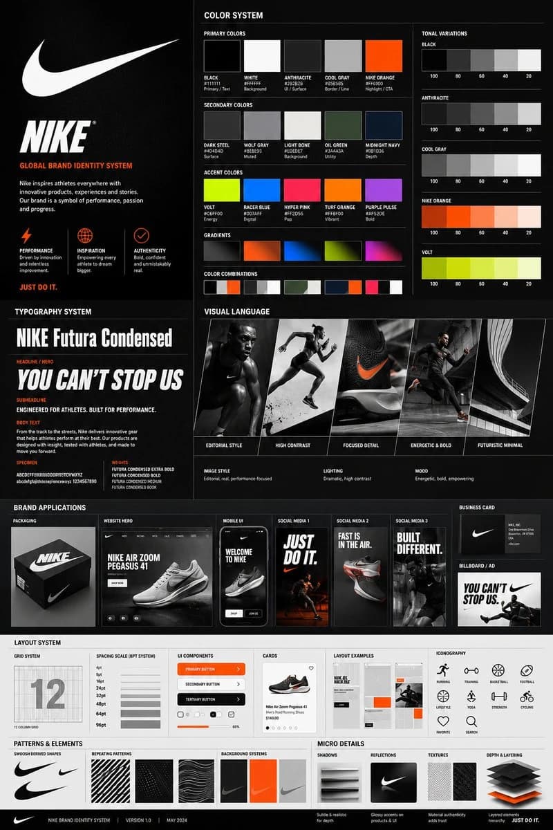 The brand identity guideline board features a sleek layout showcasing Nike's color palette, typography, and visual language with high-contrast imagery