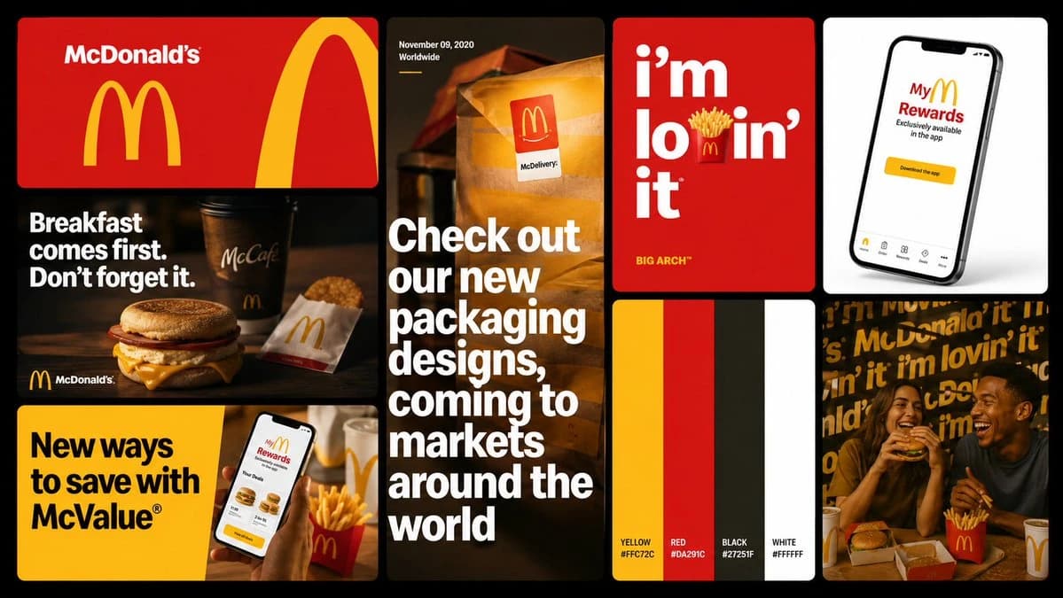 Eight brand identity cards featuring McDonald's logo, slogans, and color palette on a black background.