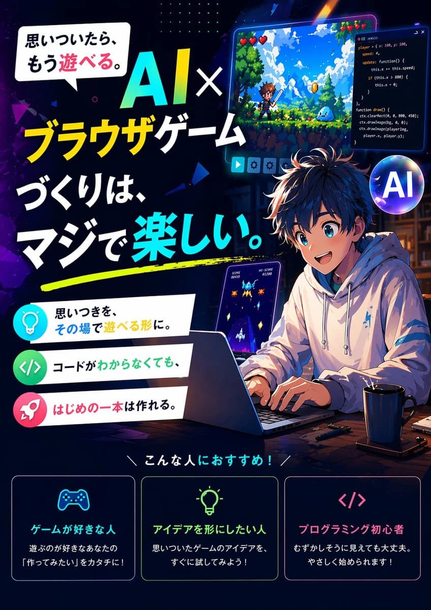 A young creator smiles while coding on a laptop, surrounded by gaming visuals and Japanese browser-game ad copy