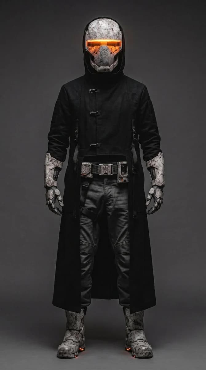 A futuristic brutalist sci-fi operative stands in a neutral power pose, wearing a long black trench coat and a weathered concrete helmet.
