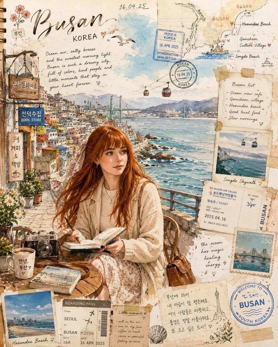 A red-haired girl in a cream cardigan writes in a notebook at a seaside café, surrounded by travel memorabilia and a colorful coastal view