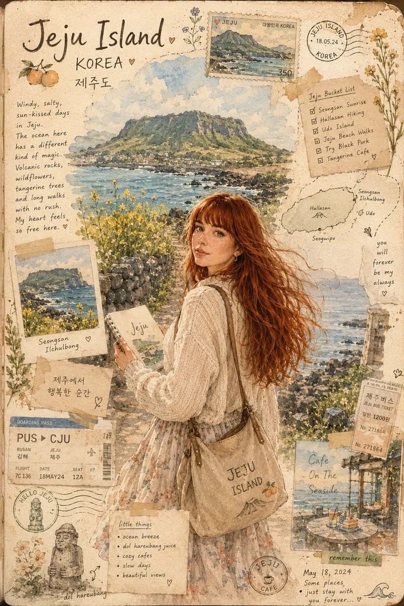 A woman with copper hair sketches in a travel journal near a coastal view with buildings and boats.