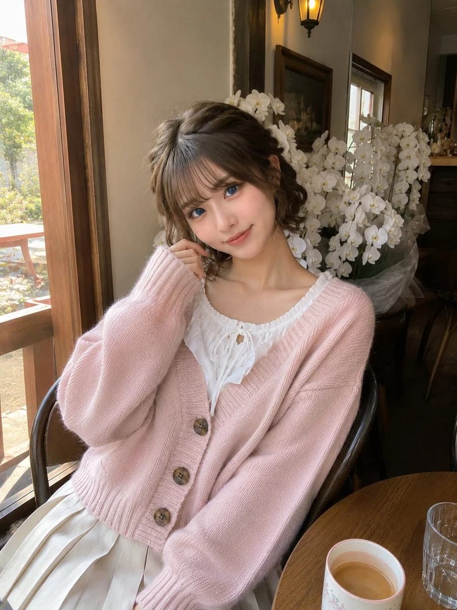 Candid smartphone-style cafe portrait with natural light, relaxed expression, and cozy lifestyle atmosphere.