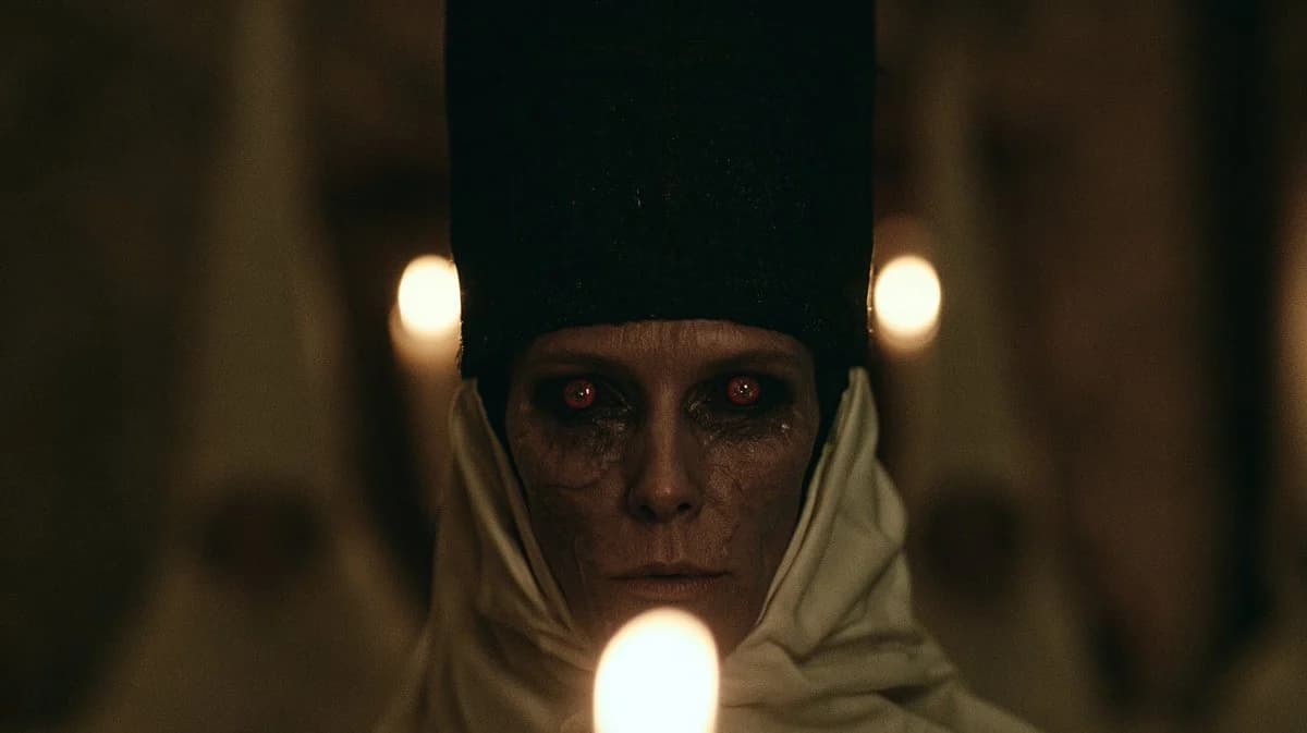 Dark candlelit horror close-up of an occult priestess with glowing red eyes in a crypt