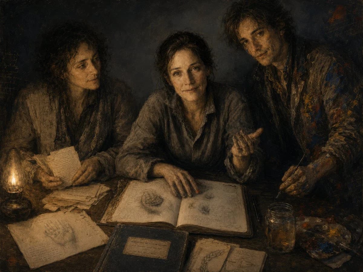 Candlelit Old-Master Creative Trio with sequential storytelling, expressive character design and cinematic panel composition