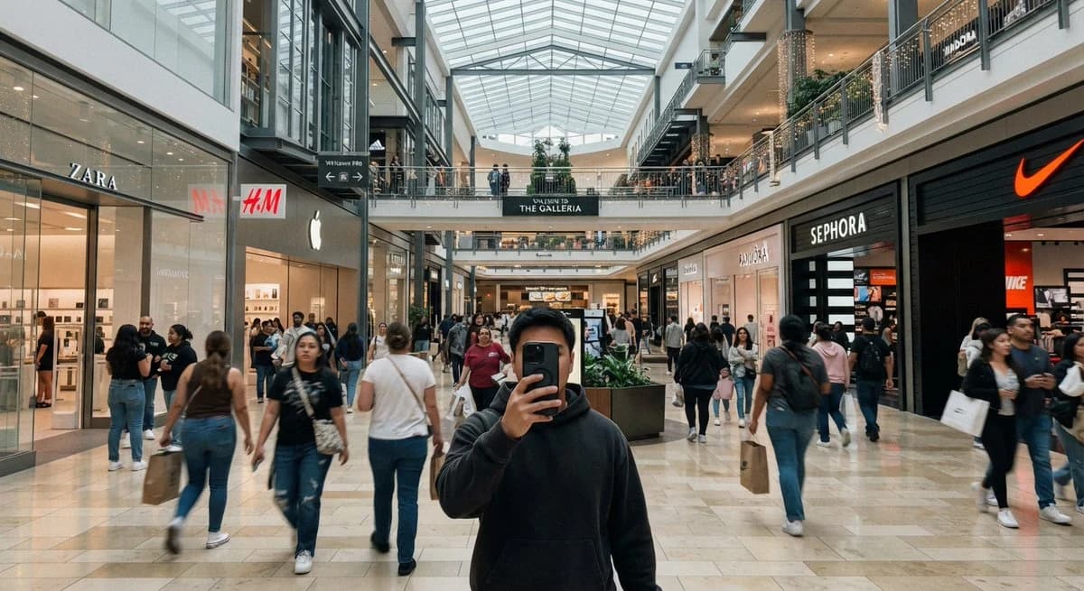 Casual shopping mall selfie snapshot with everyday fashion, bright indoor lighting, and candid lifestyle framing.