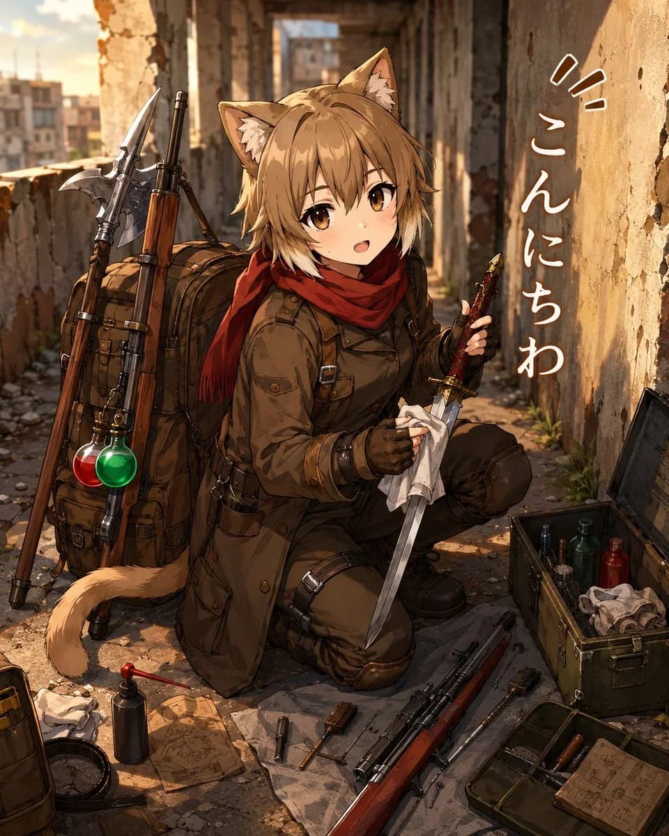A square anime fantasy illustration of a cat-eared explorer maintaining weapons and supplies in a sunlit ruined corridor