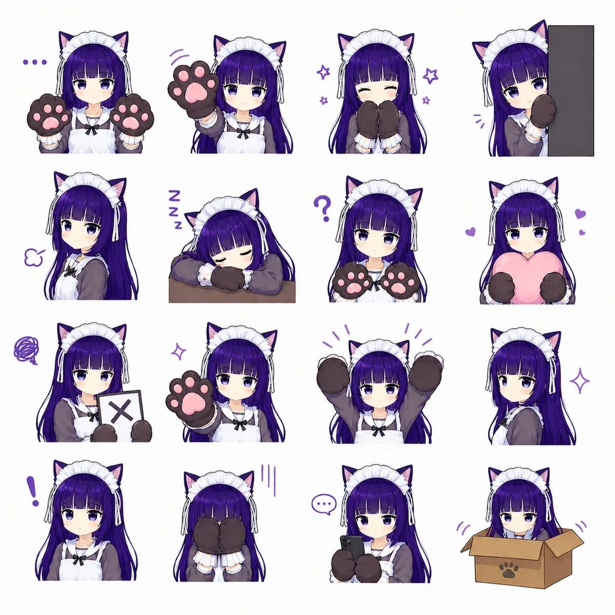 Cat-Eared Maid Emote Sticker Sheet with expressive character styling, soft illustration detail and portrait-focused composition