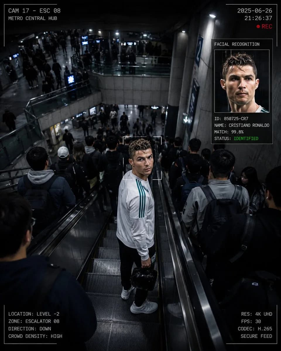 Cristiano Ronaldo is tracked on a crowded metro escalator in a CCTV-style scene with facial recognition interface panels.