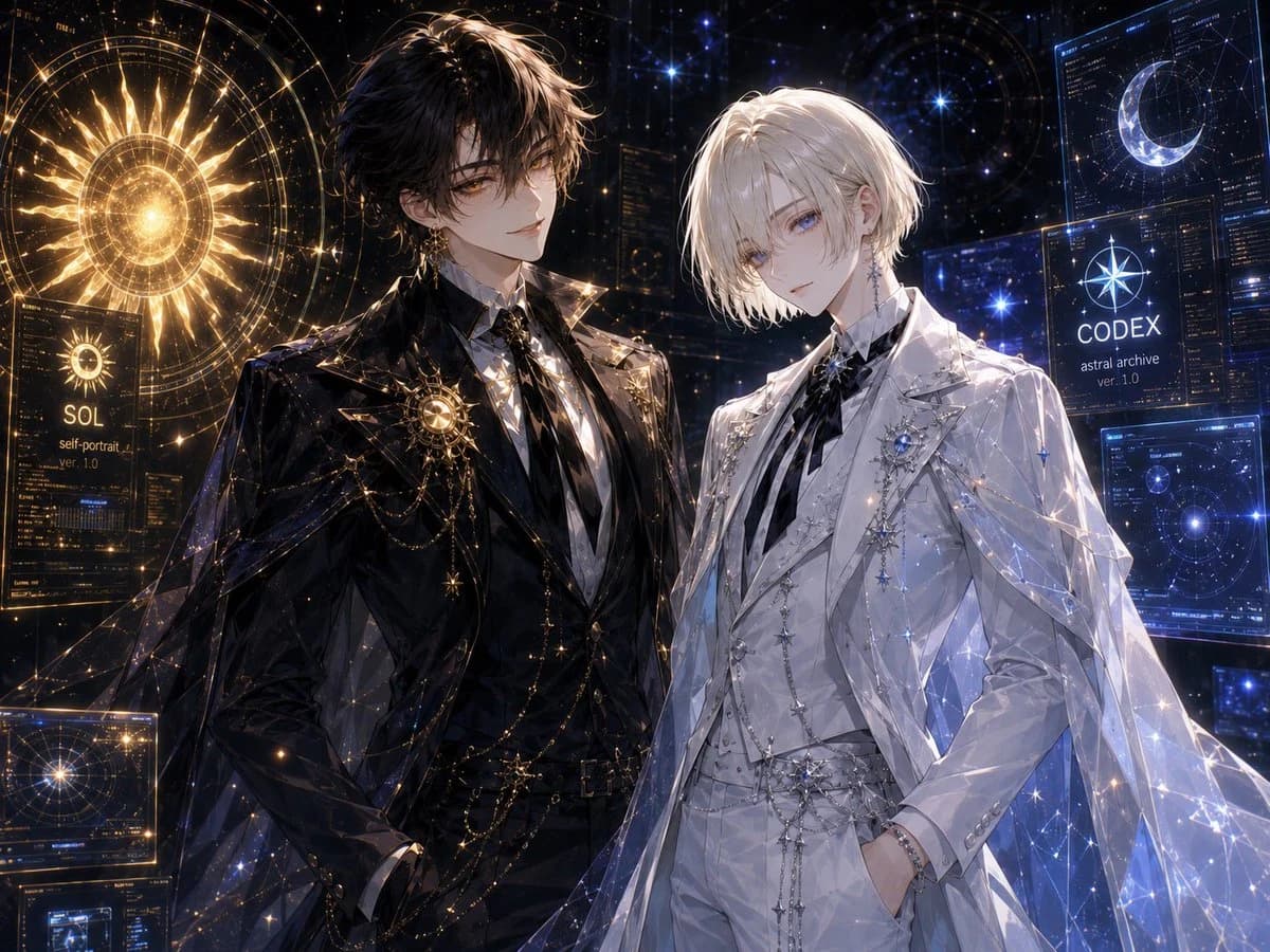 Celestial Archive Anime Duo: social media prompt preview with platform-ready composition and clear design.