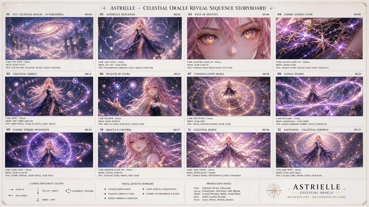 Celestial fantasy oracle storyboard with mystical panels, starry atmosphere and richly illustrated narrative beats