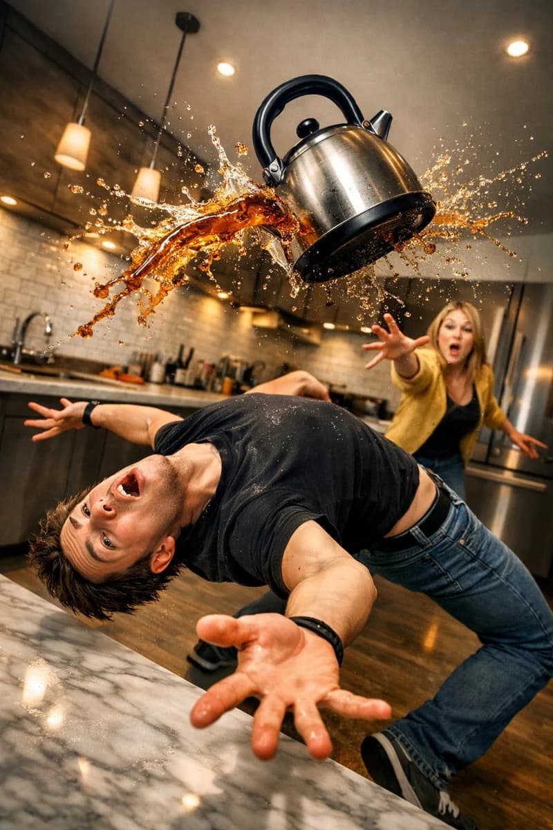GPT Image 2 prompt example showing a comedic kitchen freeze-frame with a flying kettle and tea splash