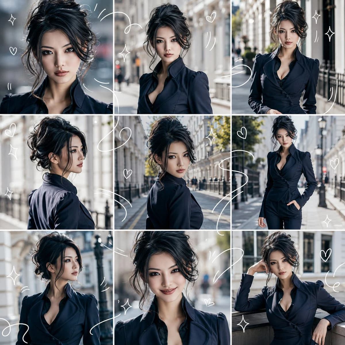 Nine-grid character consistency collage showing the same dark-haired woman in multiple editorial poses