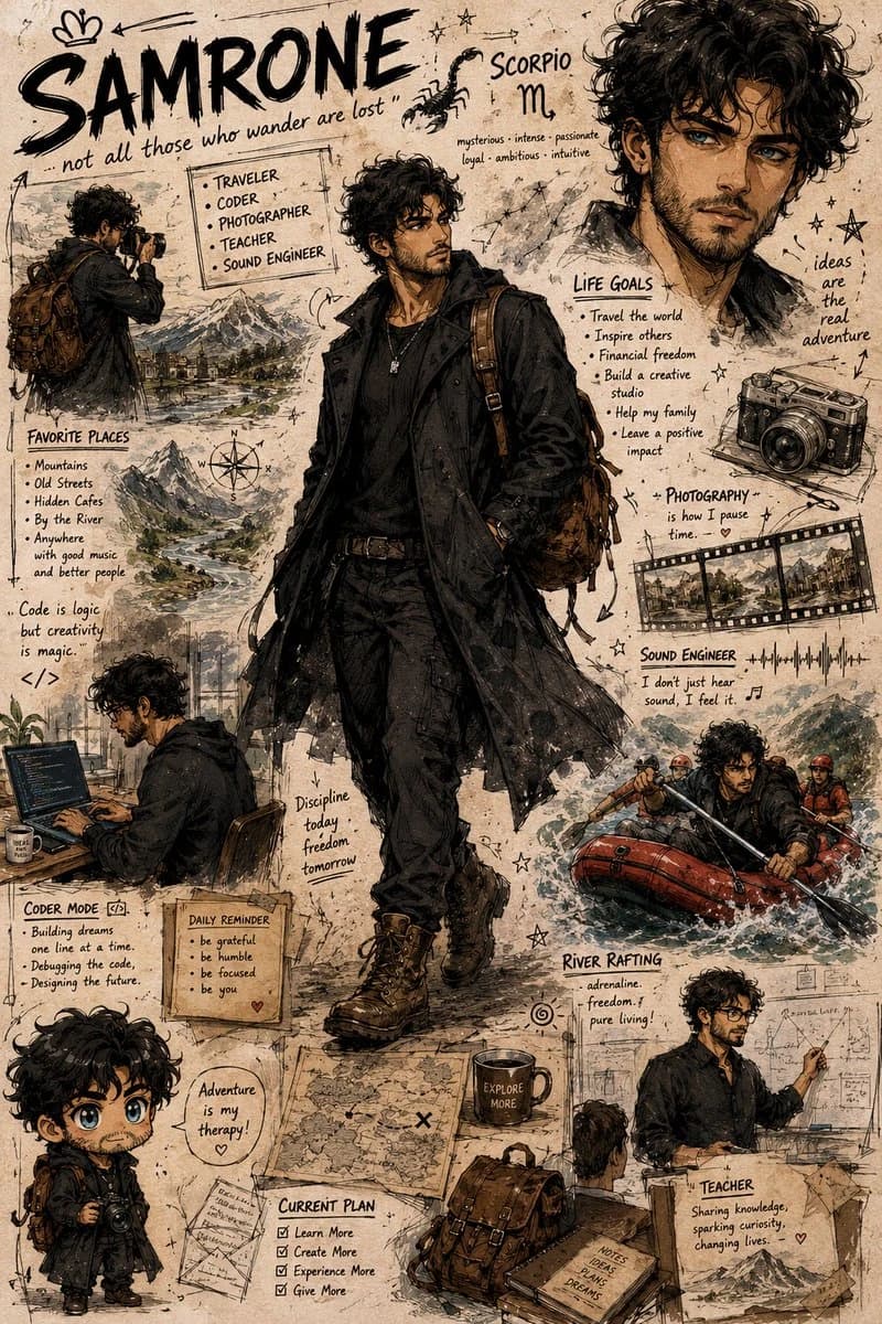 A detailed character profile sheet features a handsome young man with messy dark curly hair and sharp blue eyes, showcasing various poses, fashion elements, and personal notes