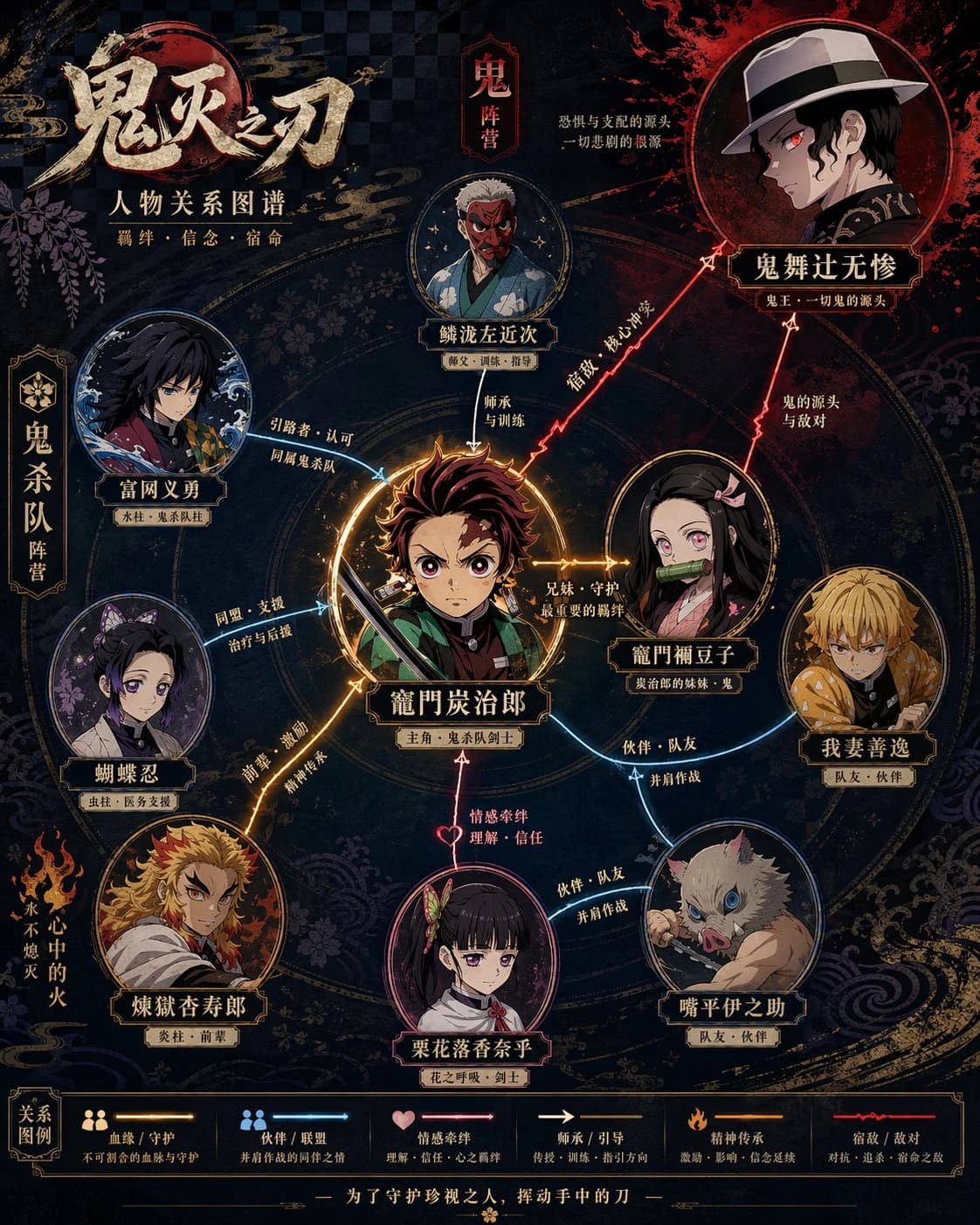 A character relationship map poster features interconnected characters from a story, illustrated with vibrant colors and detailed designs