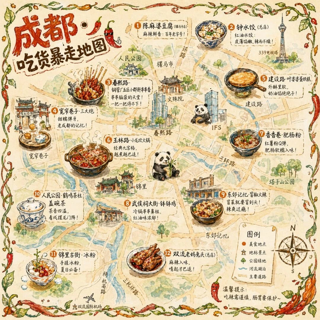 A hand-drawn food map of Chengdu features 12 illustrated eateries, with a whimsical watercolor style and decorative elements like chili peppers