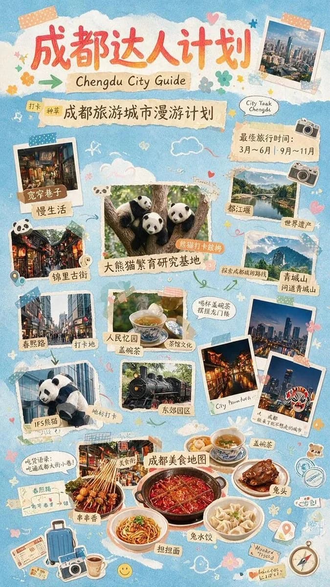 Chengdu travel guide poster in a colorful scrapbook collage style