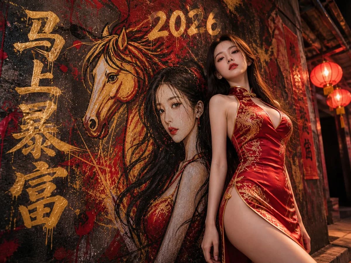 Cheongsam Year of Horse Graffiti portrait GPT Image 2 prompt example